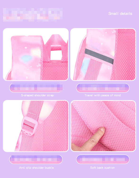 Pink backpack with padded back cushion, mesh shoulder straps, and anti-slip buckles