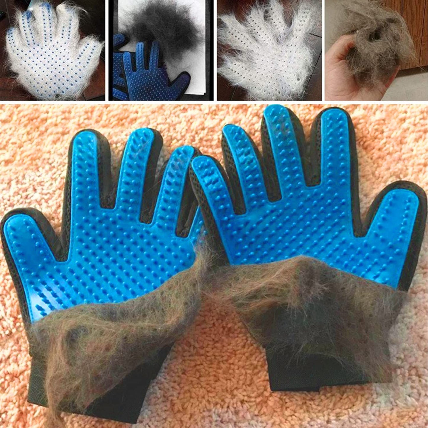 Blue silicone-tip grooming glove removing loose fur from a pet