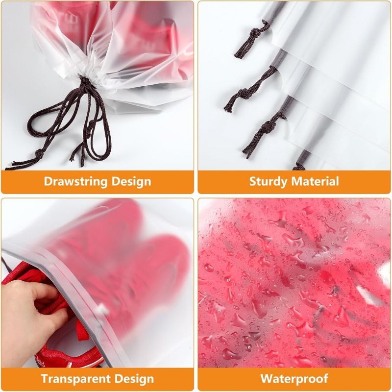 Transparent waterproof drawstring pouch, dark cord ties on clear material