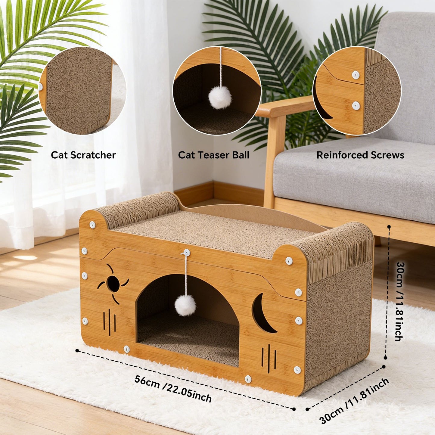 Wooden cat scratcher house with bed top, front cave, hanging teaser ball, reinforced screws