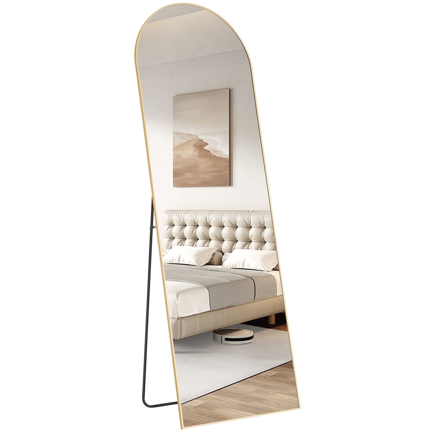 Arched full-length mirror with gold frame and clear reflection, standing on floor legs