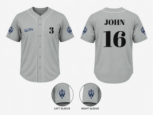 Grey full-button baseball jersey with number 3, back JOHN 16, crest sleeve logos