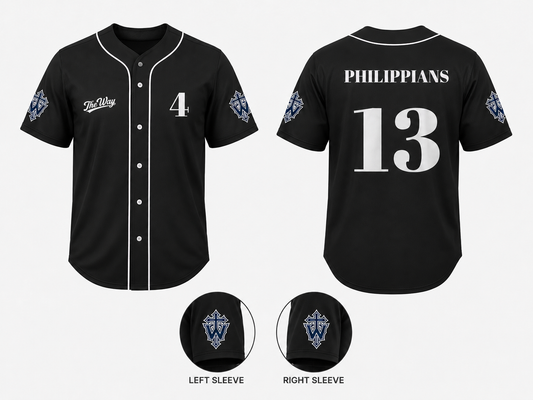 Black full-button baseball jersey with white trim; front 4, back PHILIPPIANS 13.