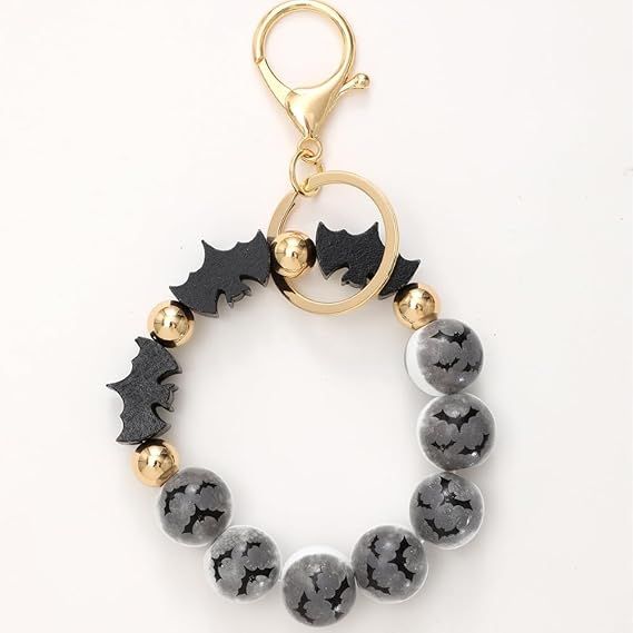 Halloween bat beaded keychain ring with black bat charms and dark gray skull beads