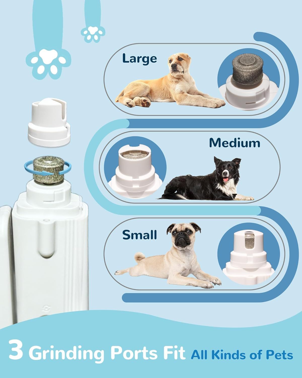 White pet nail grooming tool with multiple grinding ports for small, medium, and large pets.