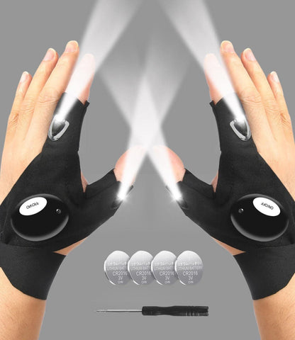 Black LED flashlight gloves with lit finger tips and on/off buttons on palm lights