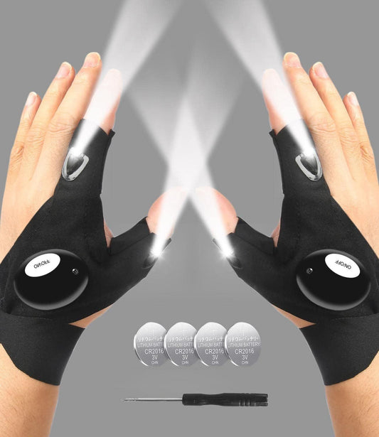 Black LED flashlight gloves with lit finger tips and on/off buttons on palm lights