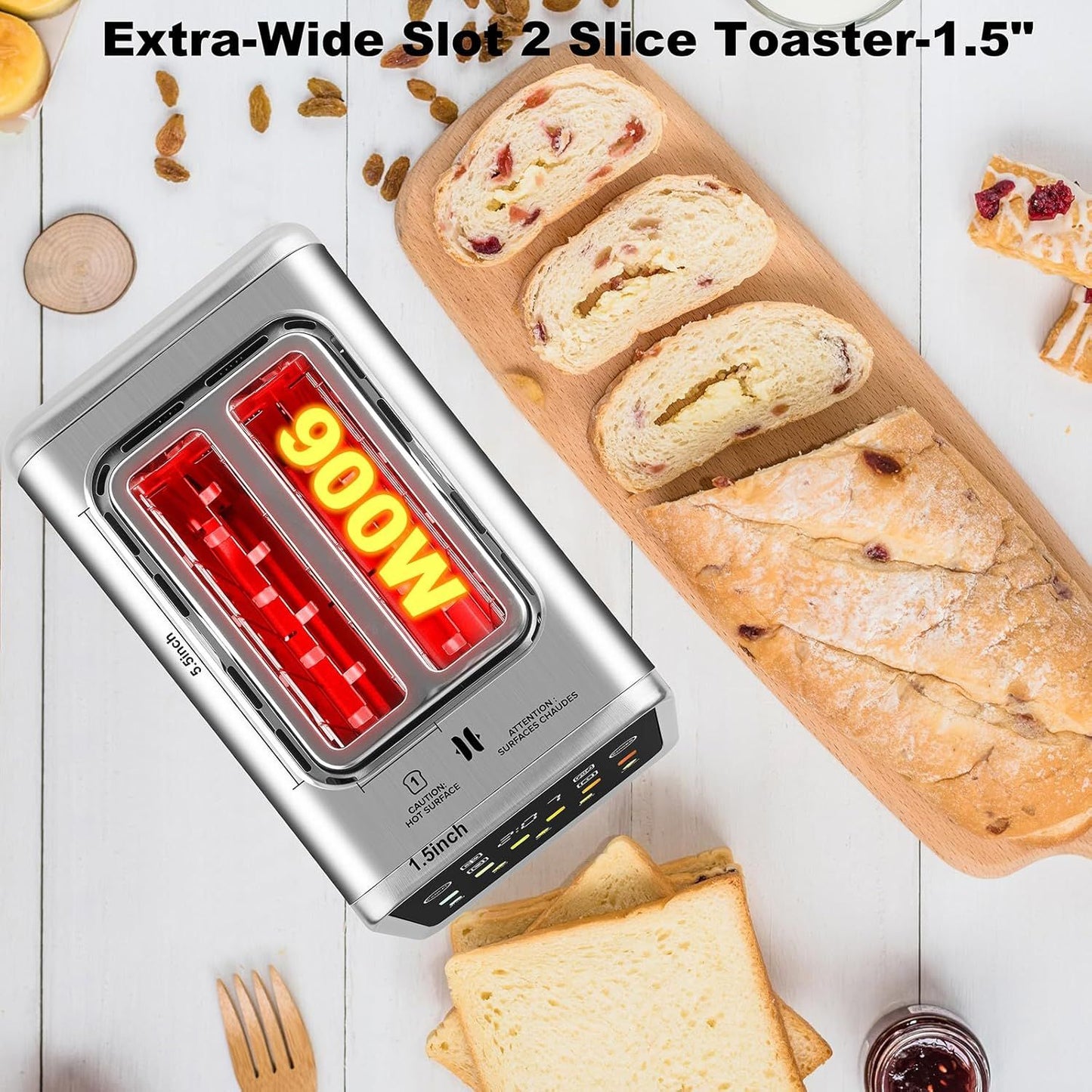 Gray 2-slice toaster with extra-wide slot and digital display, showing glowing heating bars