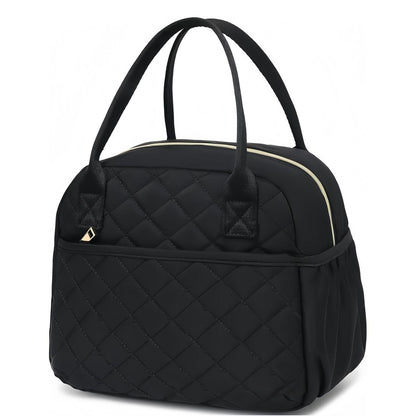 Black quilted insulated lunch bag with top handles and gold-trim pocket