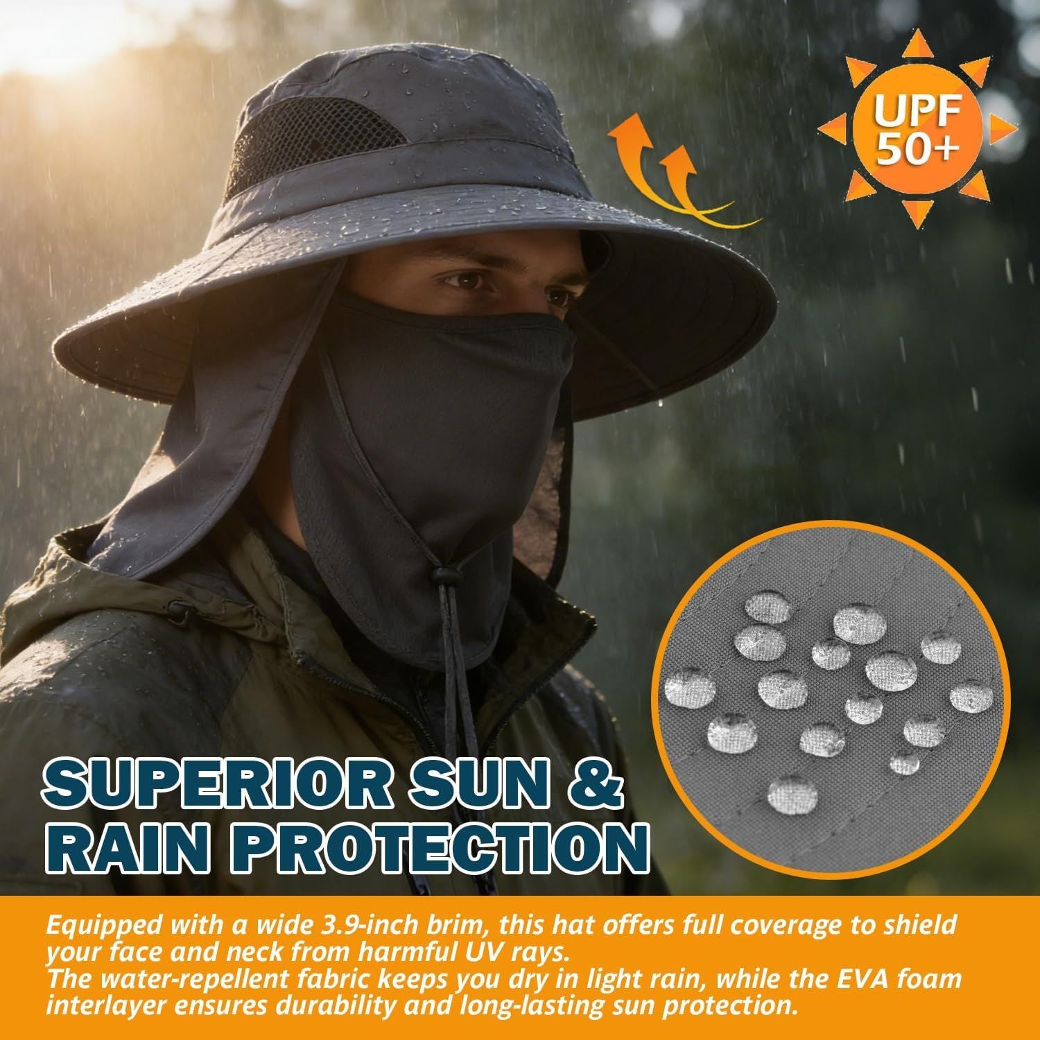 Dark grey bucket sun hat with wide brim, neck flap, and mesh panel
