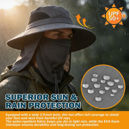 Dark grey bucket sun hat with wide brim, neck flap, and mesh panel