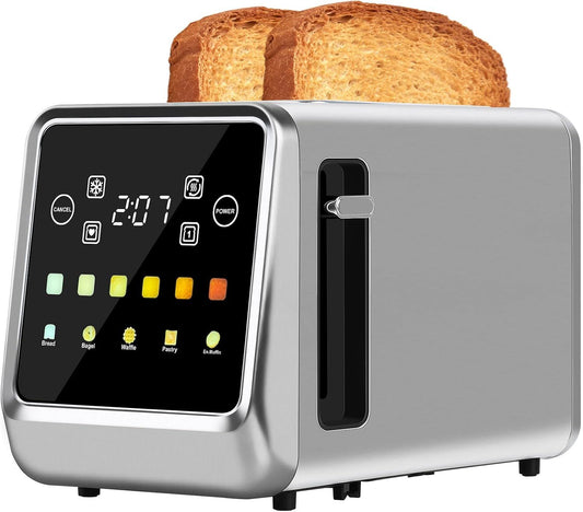 Gray 2-slice smart toaster with full-touch LCD display and front control panel
