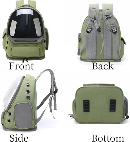Green cat carrier backpack with clear bubble front and adjustable back straps