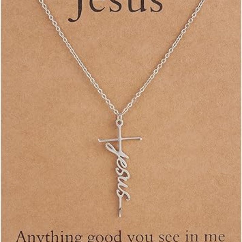 Cross pendant necklace with silver chain and Jesus cursive charm