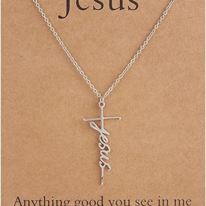 Cross pendant necklace with silver chain and Jesus cursive charm
