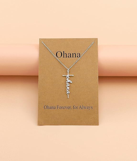 Silver-tone cross with “Ohana” cursive pendant on a fine chain necklace