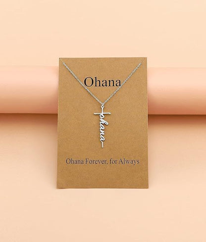 Silver-tone cross with “Ohana” cursive pendant on a fine chain necklace