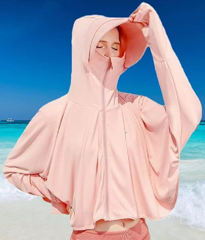 Women’s light pink sun protective hooded jacket with full-zip front, long sleeves