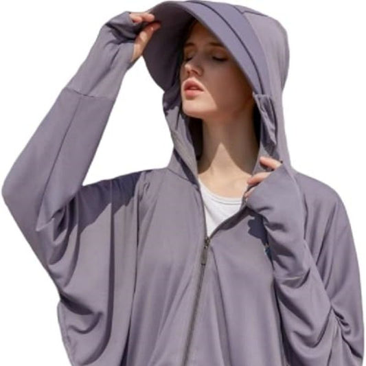 Dark grey hooded sun protective jacket, full-zip, long sleeves with loose fit
