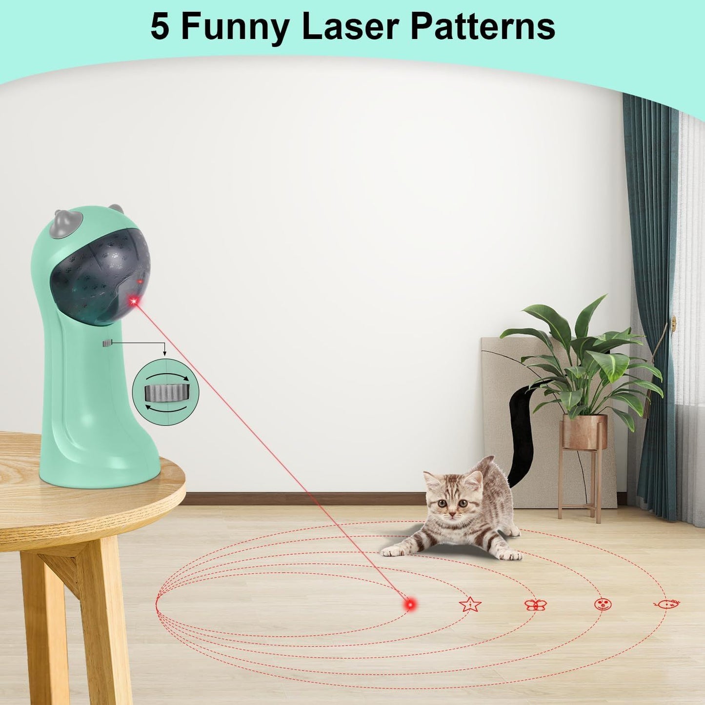 Teal green cat laser toy projecting red dotted trajectory lines from a rotating dome