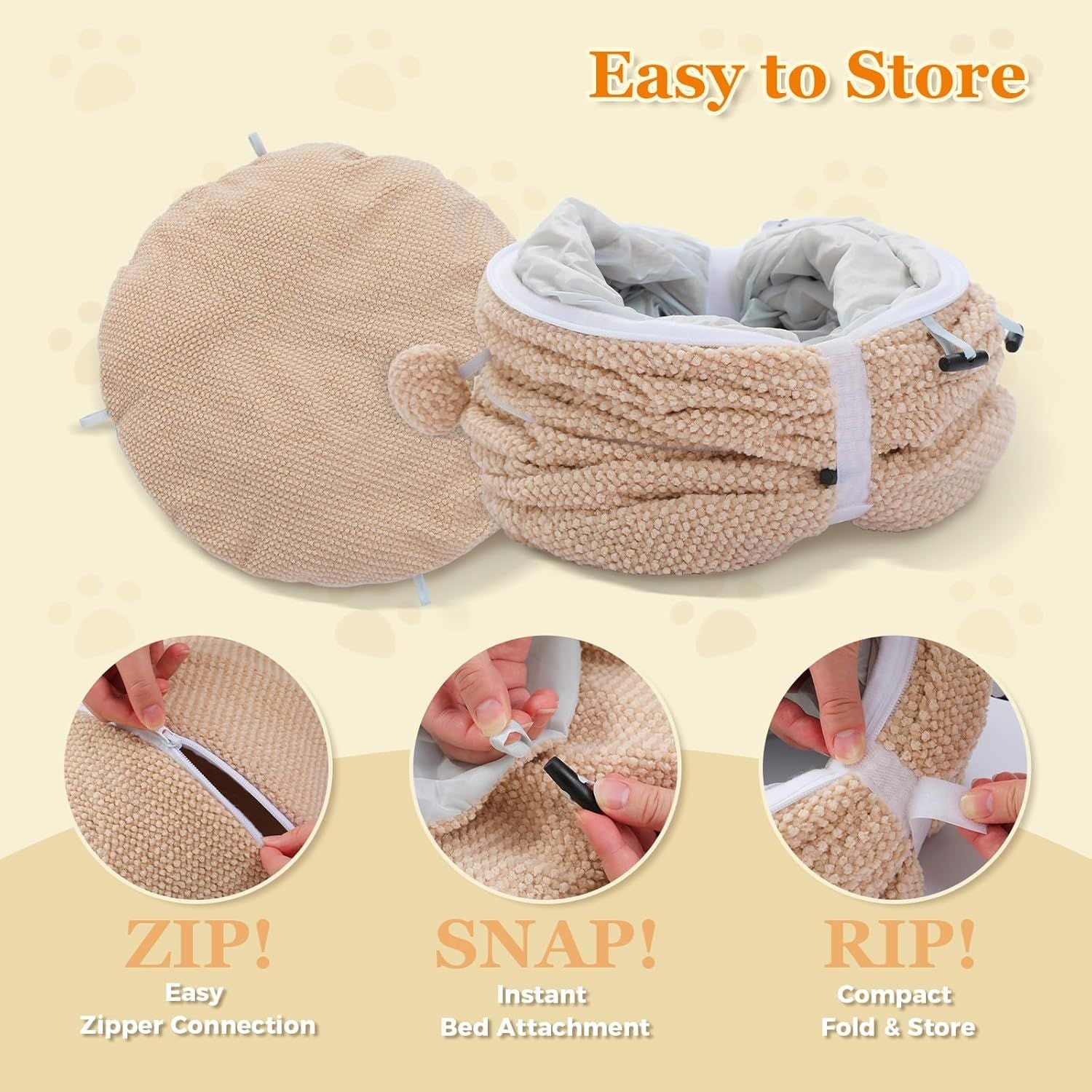 Beige cat donut tunnel with soft plush mat, zipper closure, foldable compact tube play bed