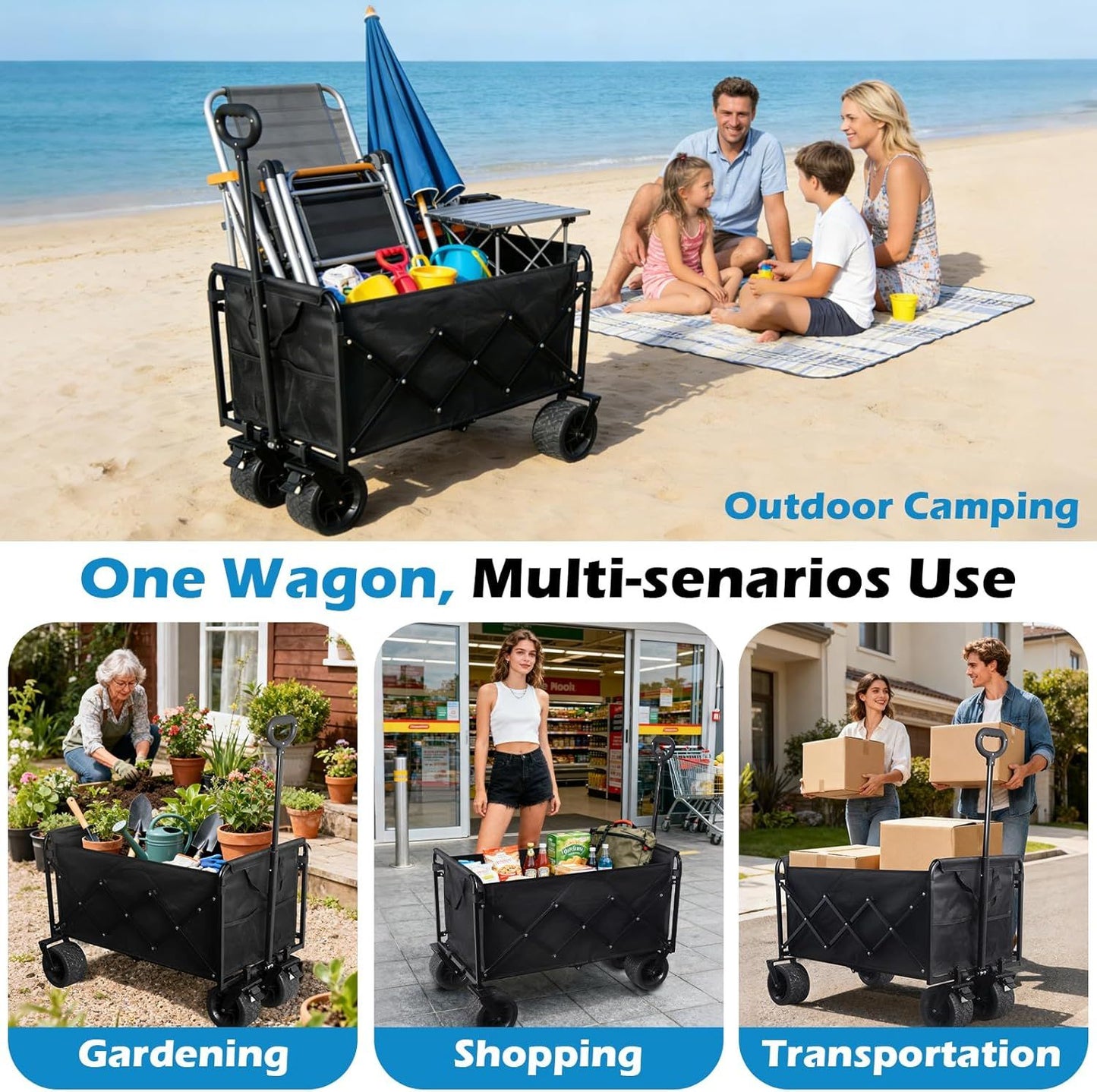 Foldable black wagon cart with padded sides, wheels, and carry handle