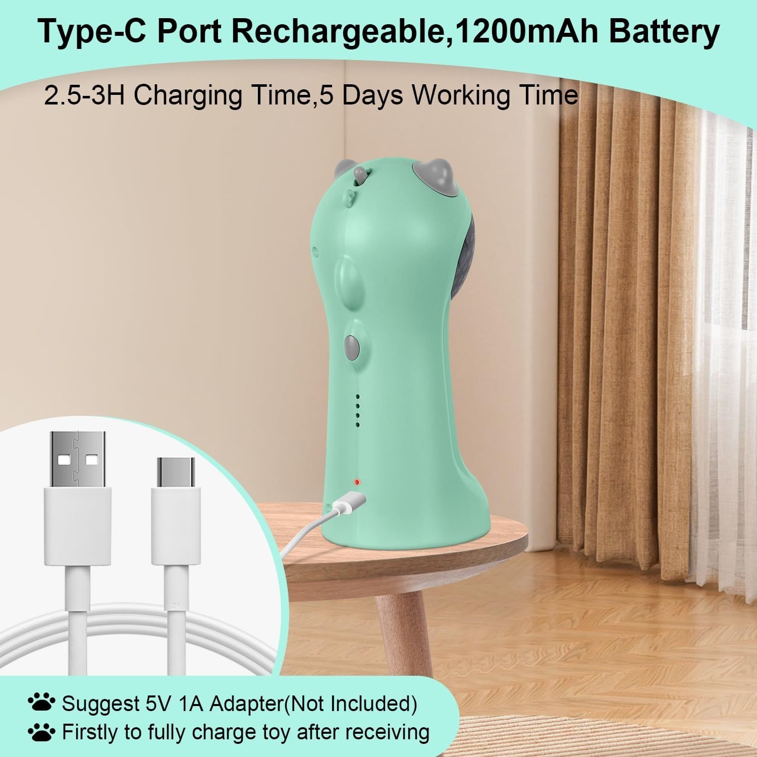 Teal green rechargeable cat laser toy with dome head and visible Type-C charging port