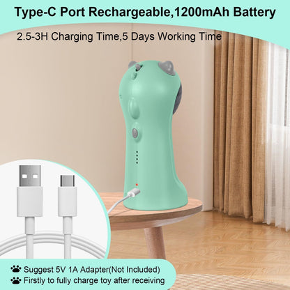 Teal green rechargeable cat laser toy with dome head and visible Type-C charging port