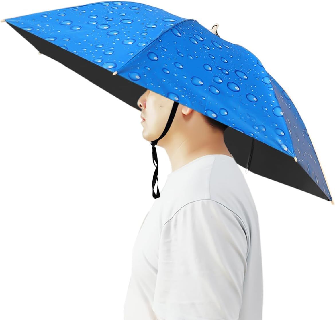 Blue water-drop umbrella hat with black edge and chin strap, hands-free sunshade