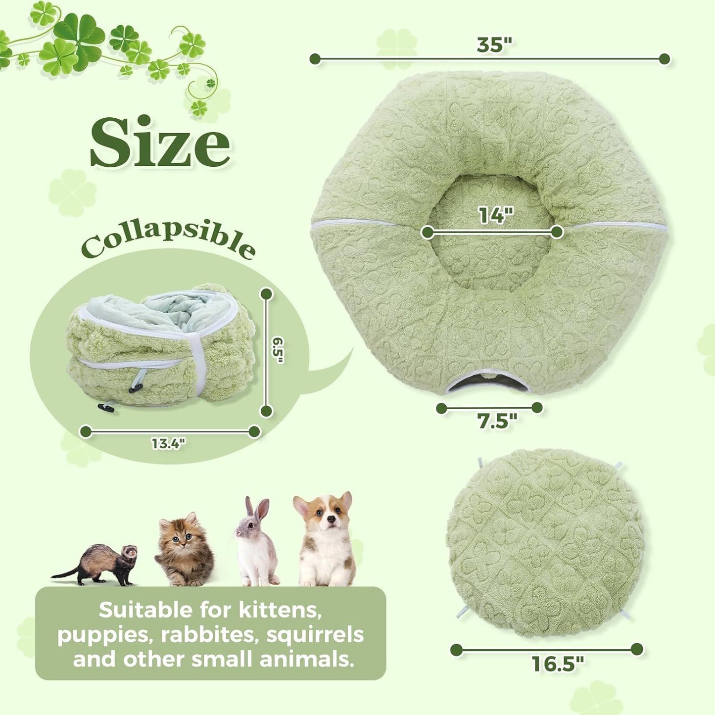 Light green collapsible donut cat tunnel bed with round tube shape and end opening.