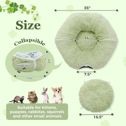 Light green collapsible donut cat tunnel bed with round tube shape and end opening.