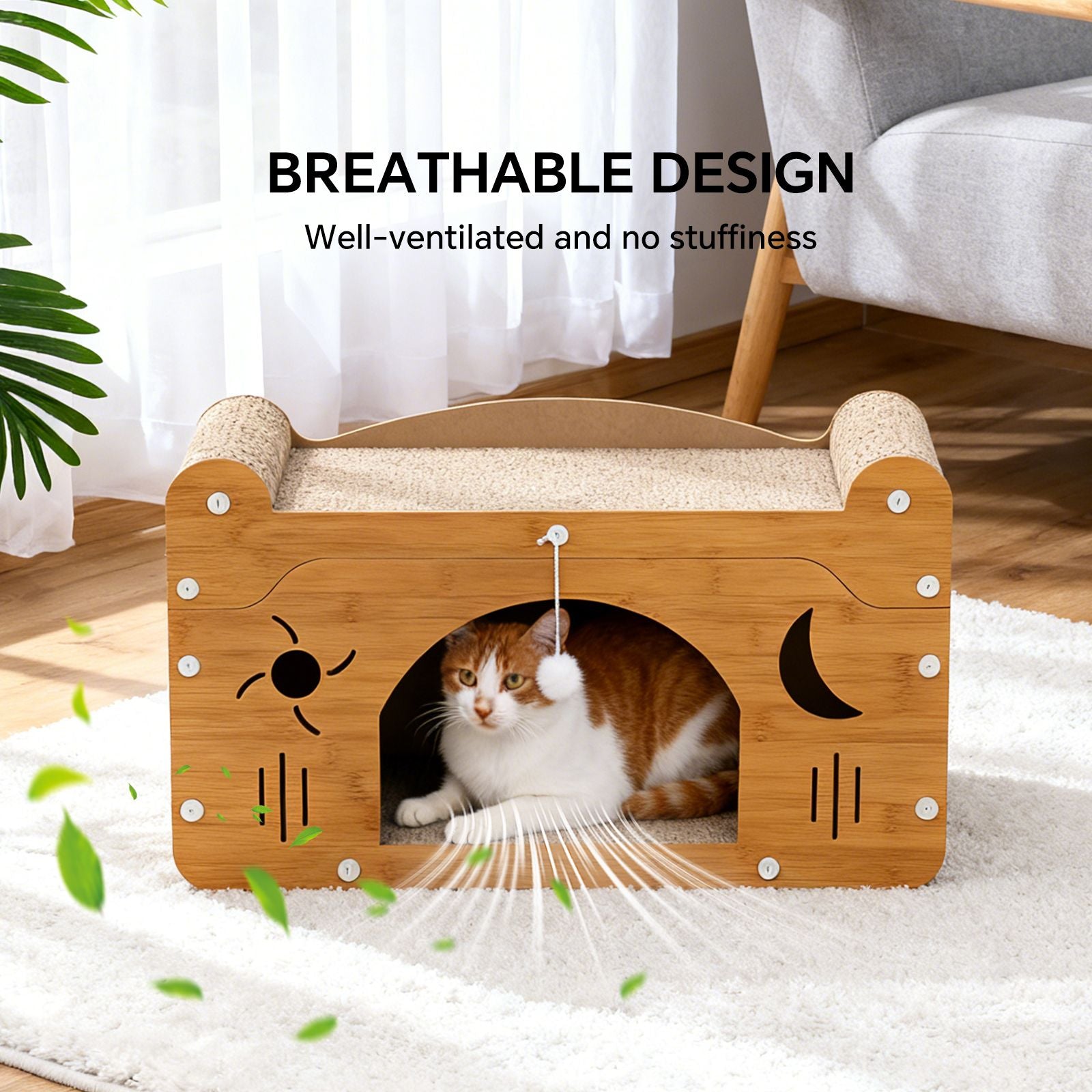 Wooden cat scratcher house with front cave window, beige scratching panels, and hanging toy