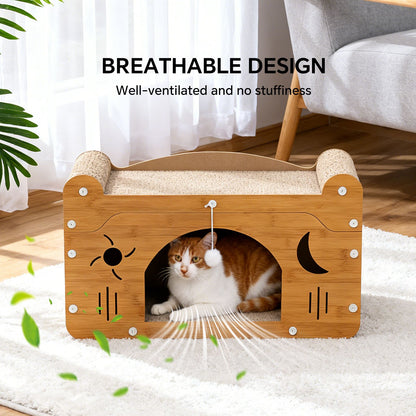 Wooden cat scratcher house with front cave window, beige scratching panels, and hanging toy