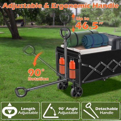 Black foldable wagon cart with adjustable handle and 90° rotating front bar
