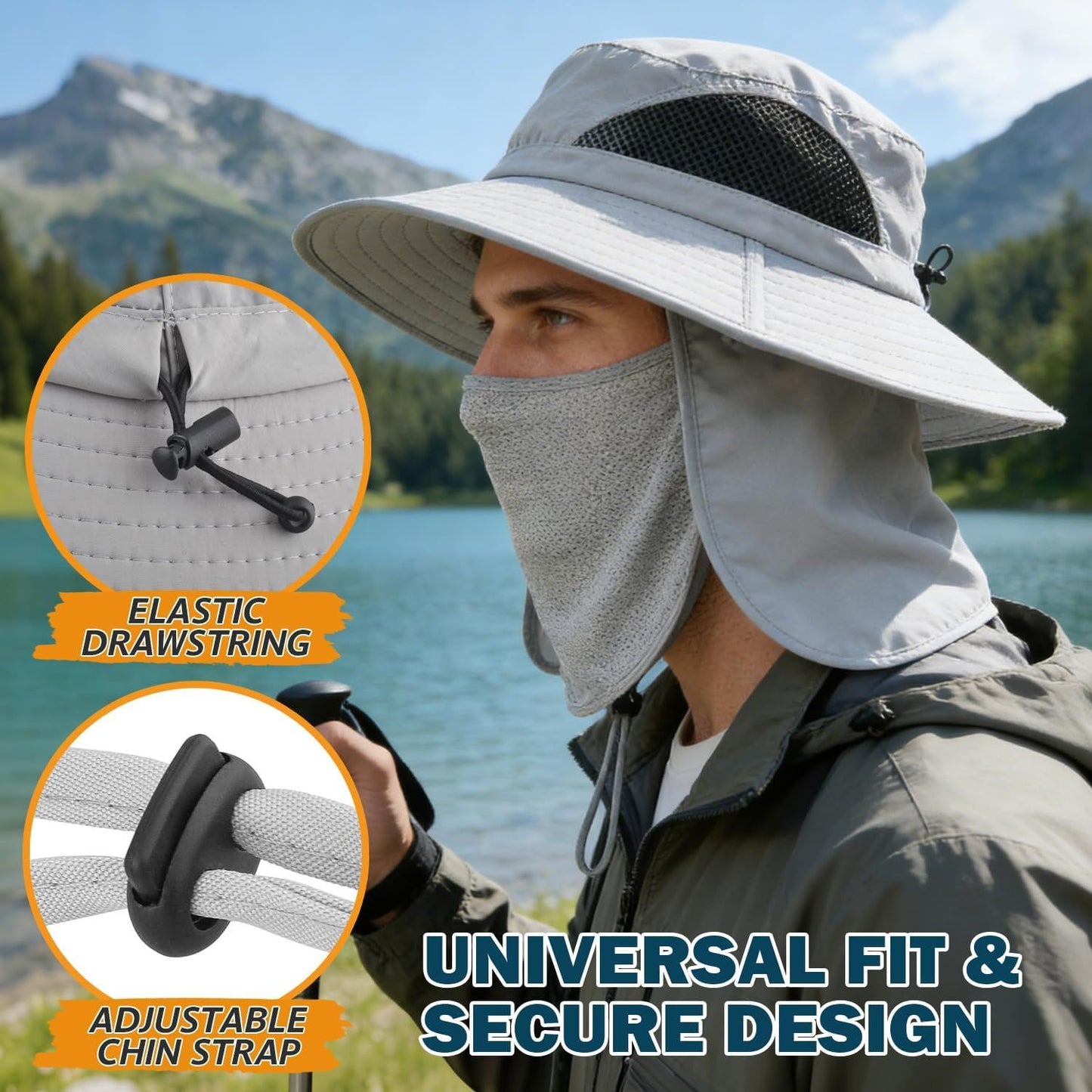 Light grey wide-brim sun hat with elastic drawstring chin strap and face shield