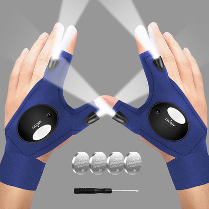 Blue LED flashlight gloves with bright finger lights and palm on/off light button