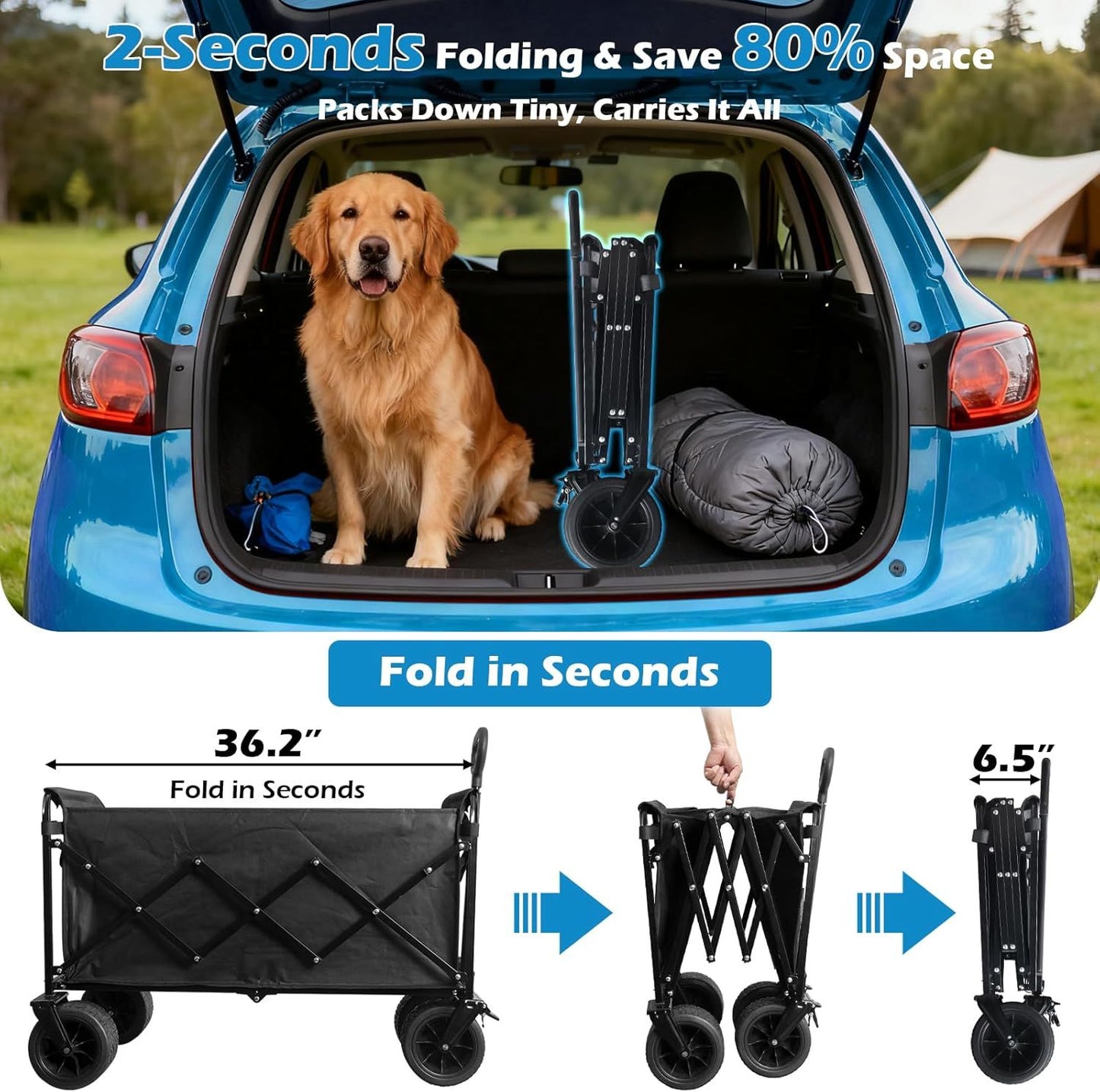 Folded black wagon cart in car trunk with wheels visible for compact transport