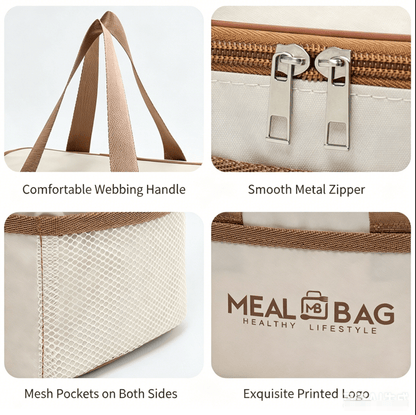 Insulated lunch cooler tote bag details: webbing handles, metal zipper, mesh pocket sides