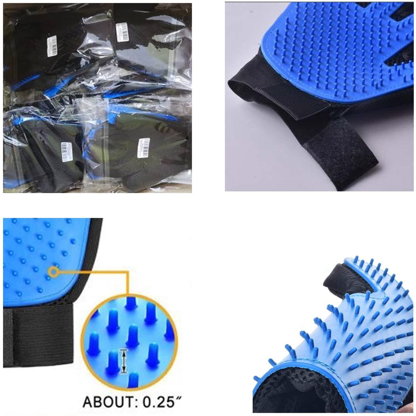 Pet grooming glove detail of black wrist band and blue silicone tip texture