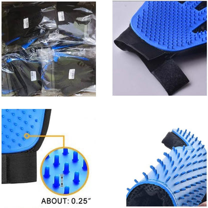 Pet grooming glove detail of black wrist band and blue silicone tip texture