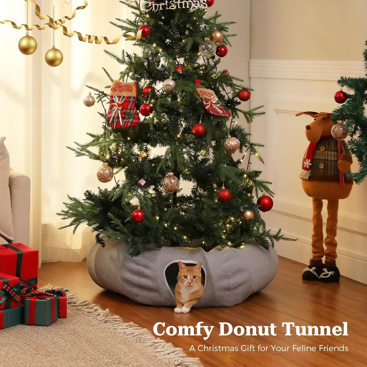 Gray cat donut tunnel bed with side entrance opening and cat resting inside