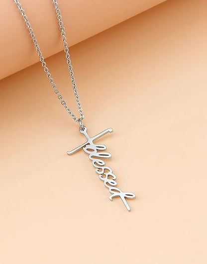 Faith-themed cross and script pendant necklace with 'Blessed' charm on chain
