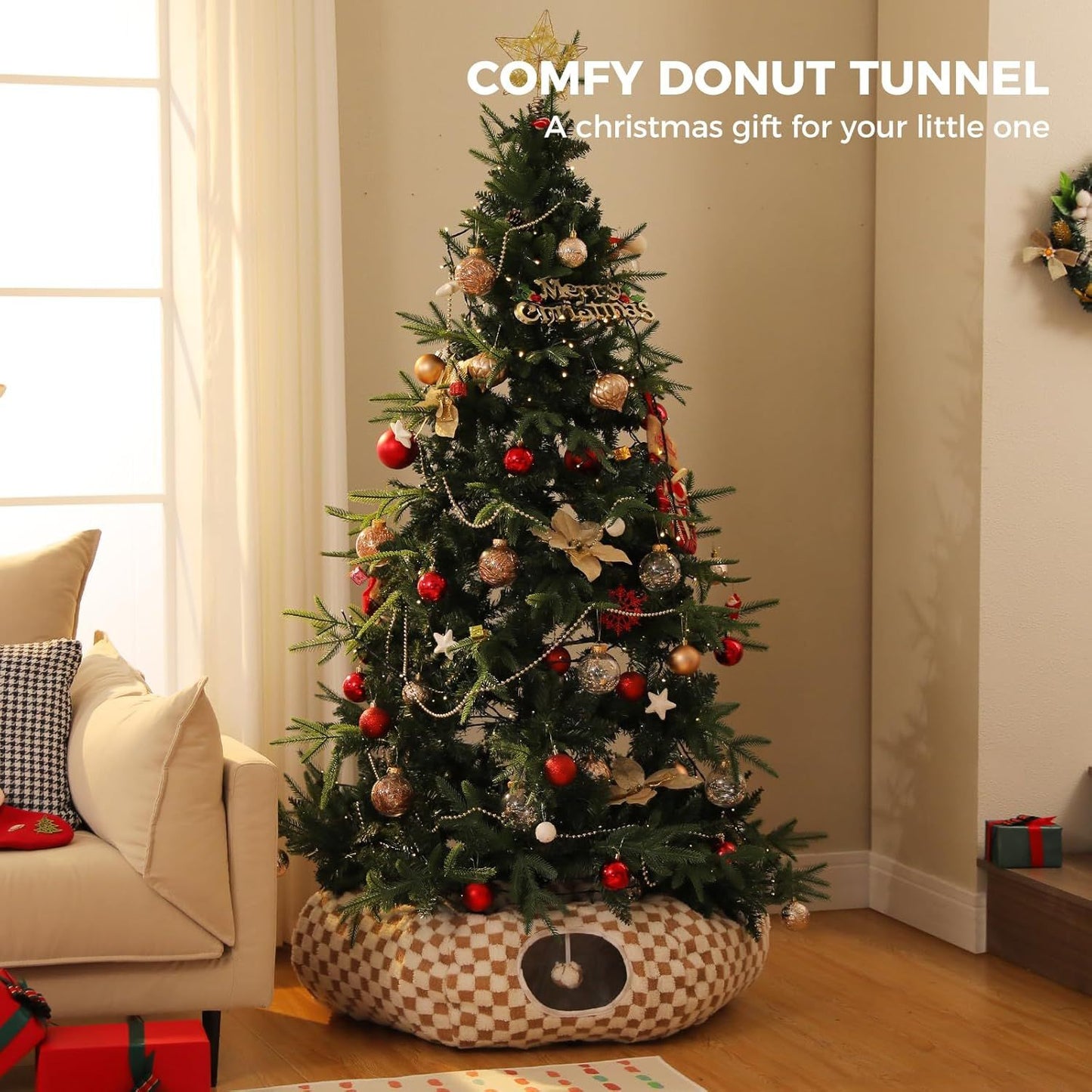 Beige checkered donut-shaped cat tunnel bed with round tunnel opening