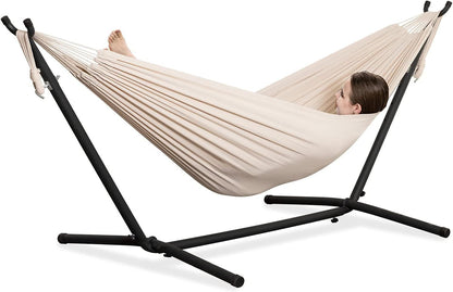 Double hammock with stand, cream and beige striped fabric on black steel frame