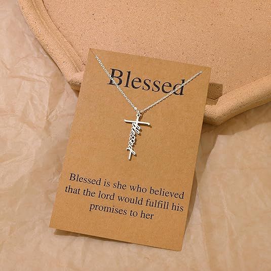 Religious cross pendant necklace with 'Blessed' script charm and silver-tone chain
