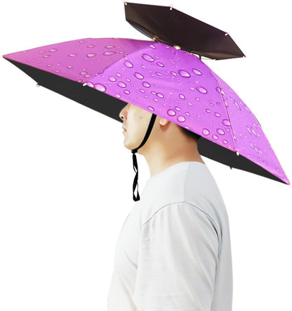 Purple water-drop umbrella hat with black trim and chin strap, hands-free sunshade