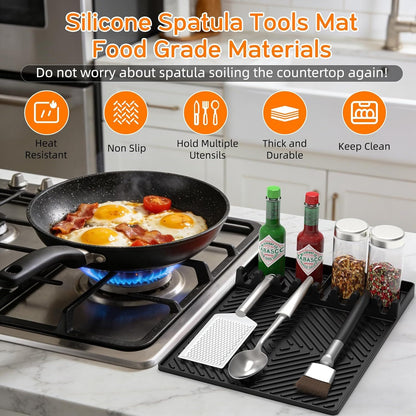 Orange silicone tools mat with textured grip, holding spatulas and drip pad