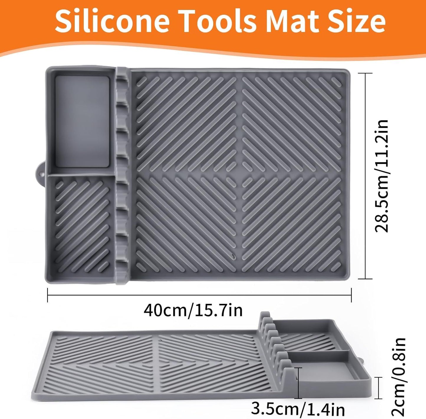 Gray silicone tools mat with side tray and textured anti-slip ridges