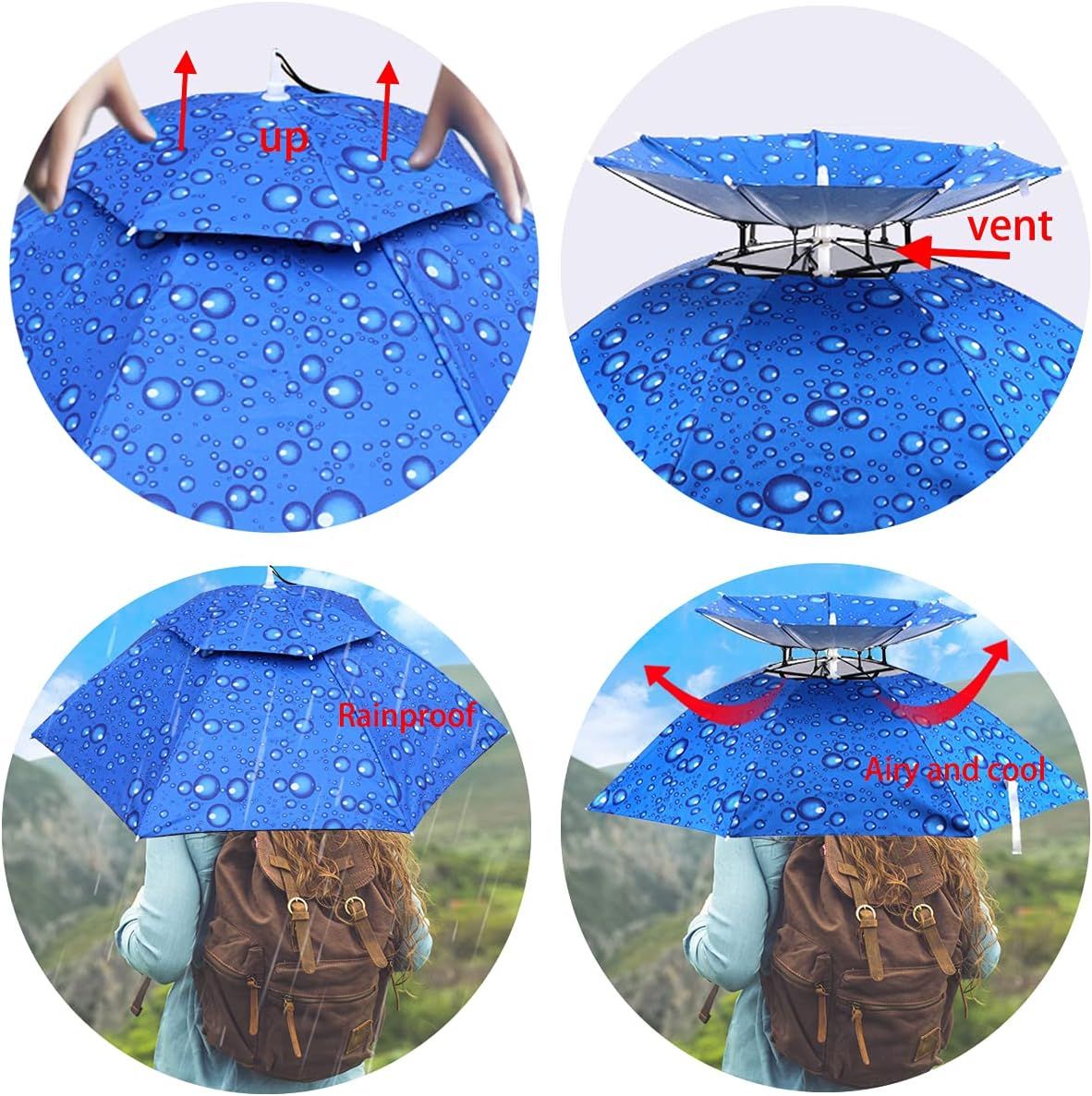 Blue hands-free umbrella hat with vented crown and adjustable headwear fit