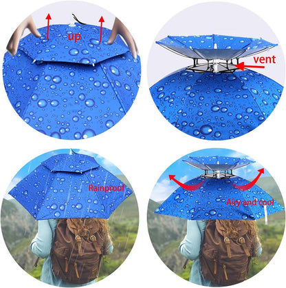 Blue hands-free umbrella hat with vented crown and adjustable headwear fit